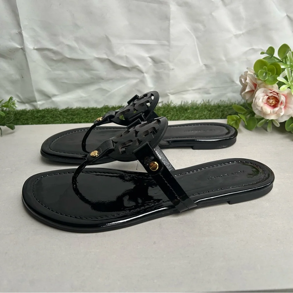 Tory Burch Miller Patent Leather Thong Sandals black size 7.5 gently worn